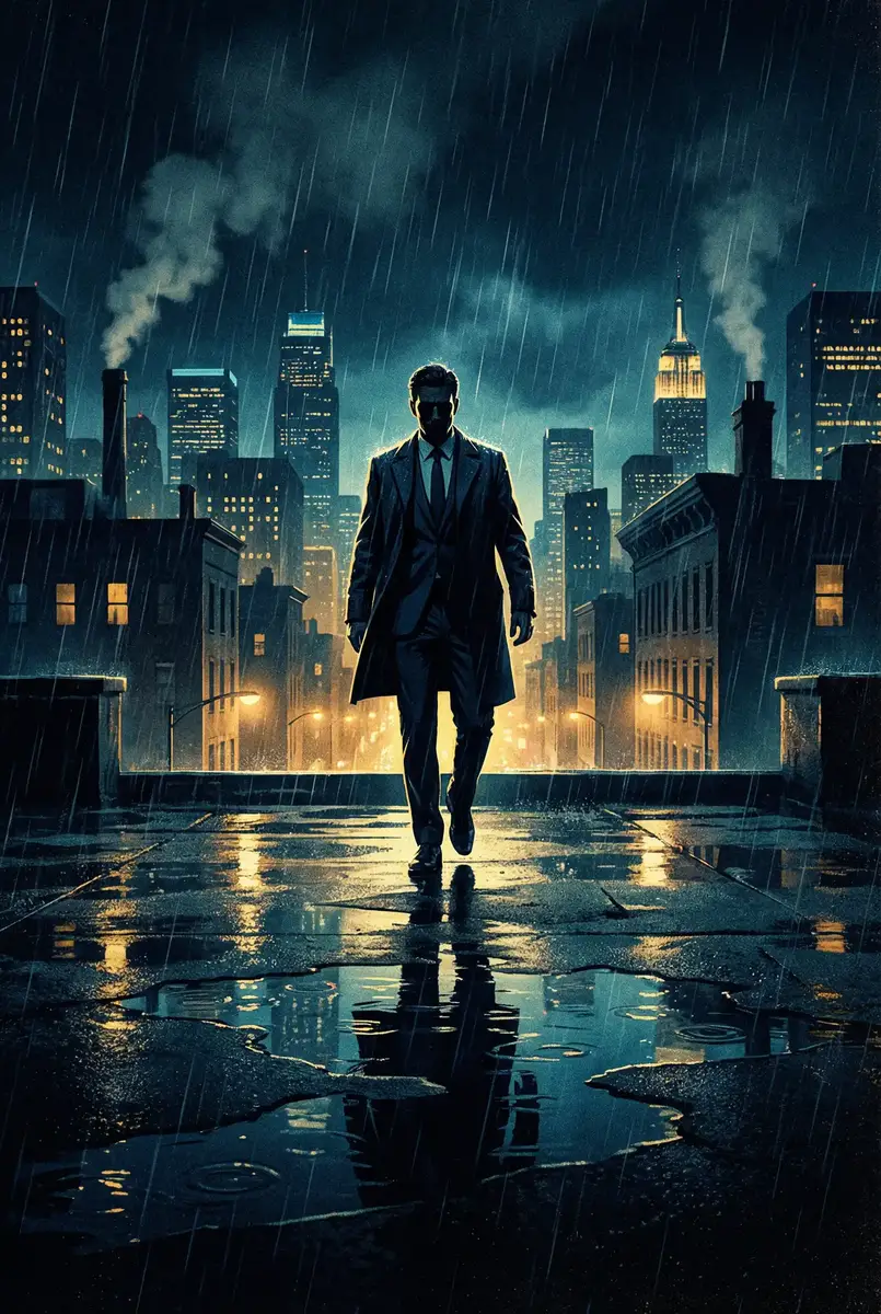有马芳彦 出品影片《雨夜独行者》海报，雨中城市屋顶男性剪影